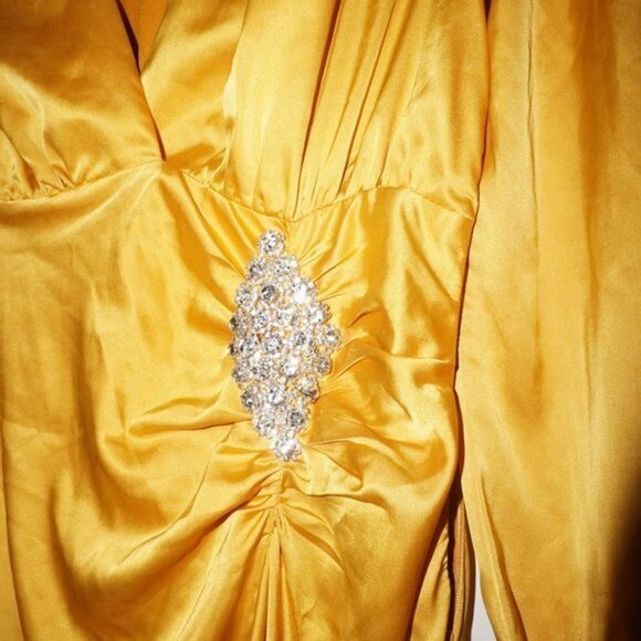 NWT Marie Satin Gold Ruffle Formal Midi Dress - Picture 6 of 10